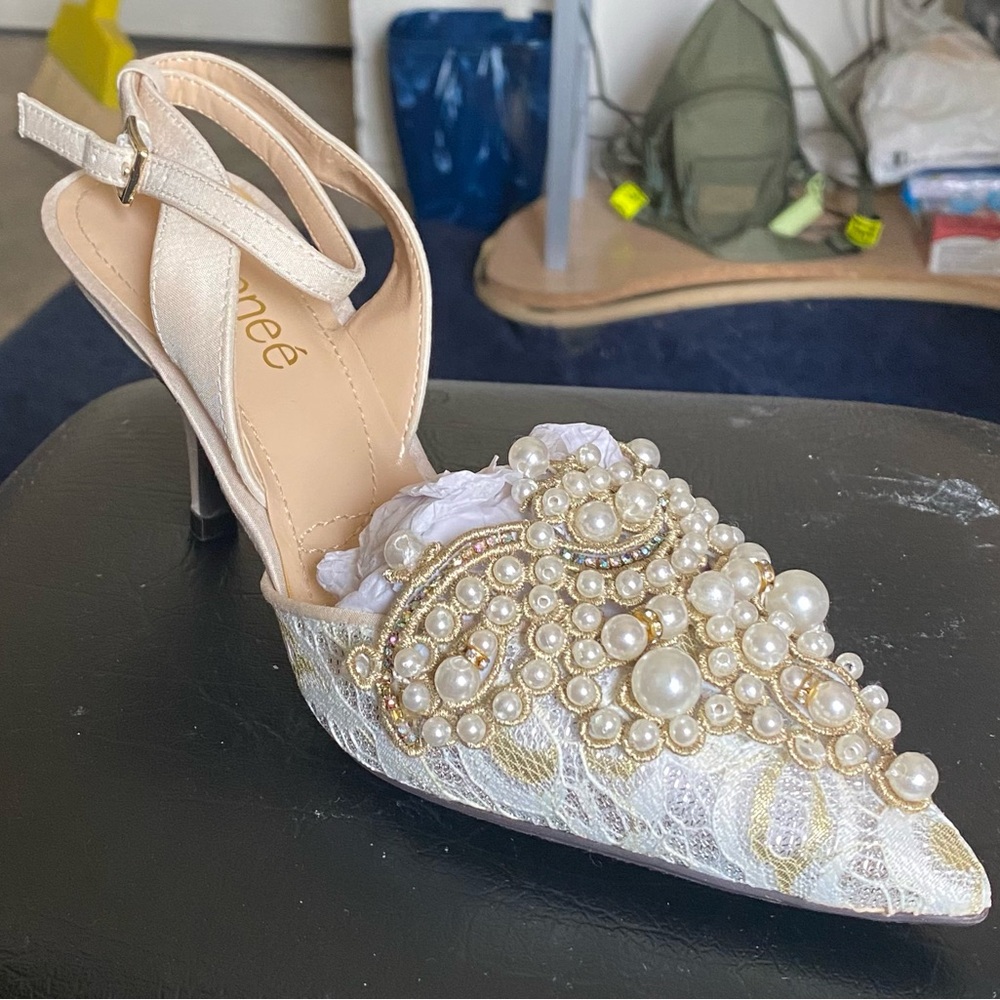 White and Gold, Pearl Studded Heels
